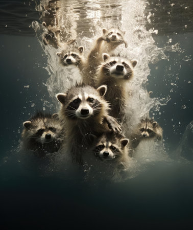 Raccoon falling into the water, splashingの素材