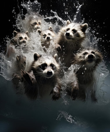 Raccoon falling into the water, splashingの素材