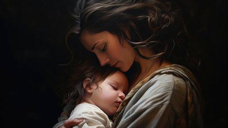 Mom holding her baby closeの素材