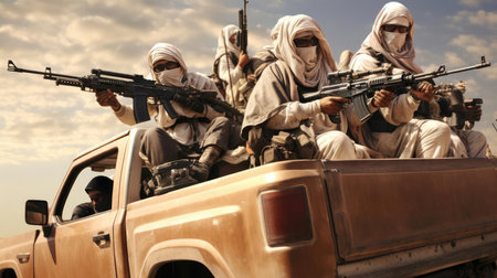 Militants terrorists with machine gunsの素材