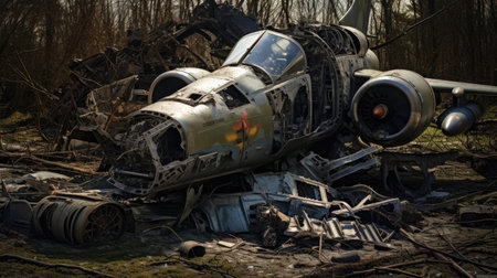 Broken military equipment on the battlefieldの素材