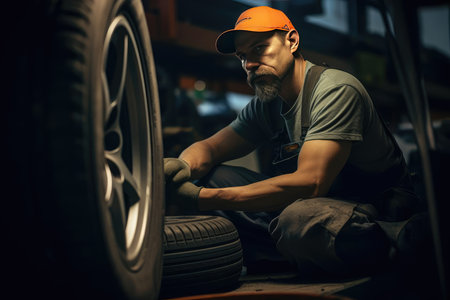 Tire shop worker changing a car wheelの素材