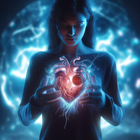 Man Holding Glowing Artificial Heartの素材