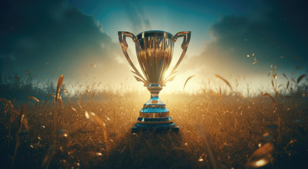 The winners cup stands in the grassの素材