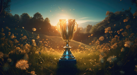 The winners cup stands in the grassの素材