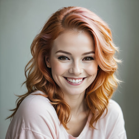 Young beautiful woman with pink and red hair smilingの素材