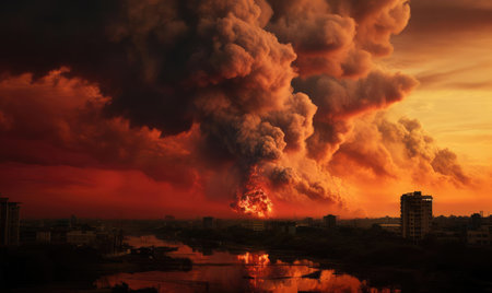 Fire in the city caused by the explosion of a combat missileの素材