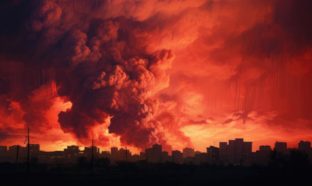 Fire in the city caused by the explosion of a combat missileの素材