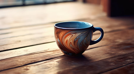 Coffee mug standing on table in the cafeの素材