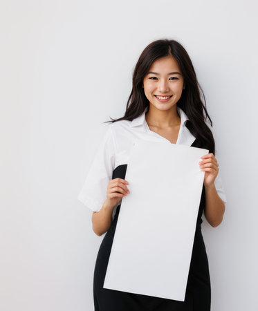 Beautiful young girl holding blank white posterの素材