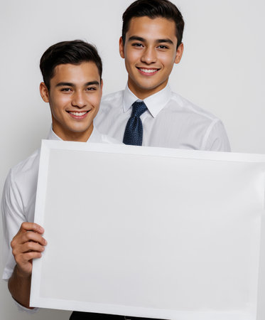 Beautiful young man holding blank white posterの素材