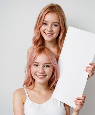 Beautiful young girl holding blank white posterの素材