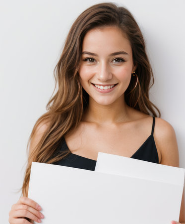 Beautiful young girl holding blank white posterの素材