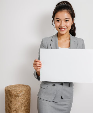 Beautiful young girl holding blank white posterの素材