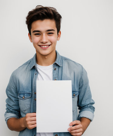 Beautiful young man holding blank white posterの素材