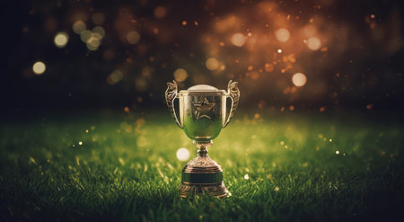 The winners cup stands in the grassの素材