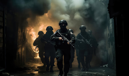 Military or police officers with guns in the cityの素材