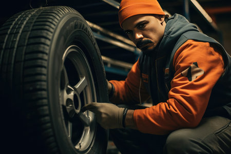 Tire shop worker changing a car wheelの素材