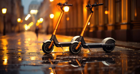 An electric scooter stands on the streetの素材