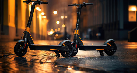 An electric scooter stands on the streetの素材