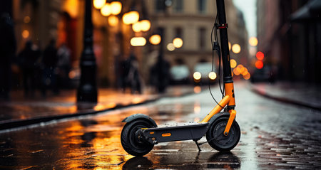 An electric scooter stands on the streetの素材