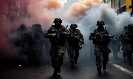 Military or police officers with guns in the cityの素材