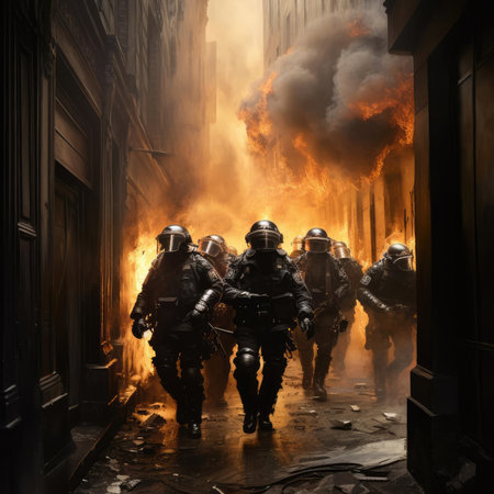 Military or police officers with guns in the cityの素材