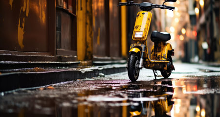An electric scooter stands on the streetの素材
