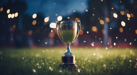 The winners cup stands in the grassの素材