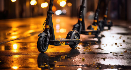 An electric scooter stands on the streetの素材