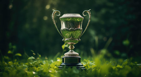 The winners cup stands in the grassの素材