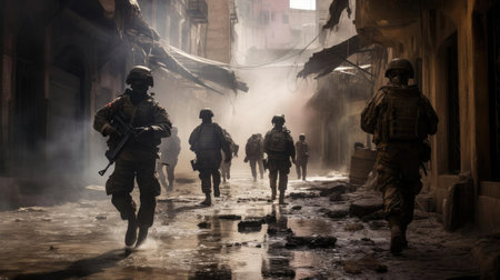 Military or police officers with guns in the cityの素材