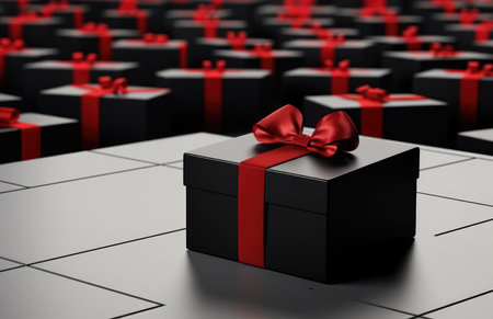 Black gift box with ribbon and bowknotの素材