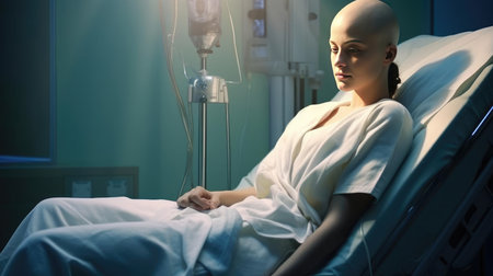 Woman with no hair on her head on bed in hospitalの素材