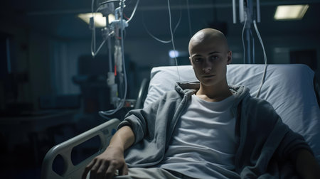 Man with no hair on her head on bed in hospitalの素材