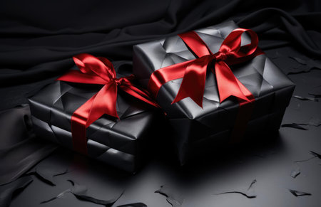Black gift box with ribbon and bowknotの素材