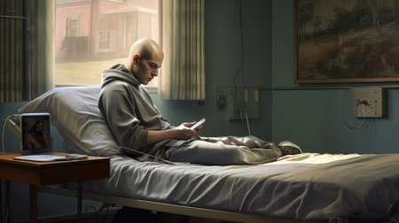 Man with no hair on her head on bed in hospitalの素材