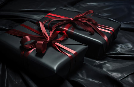 Black gift box with ribbon and bowknotの素材