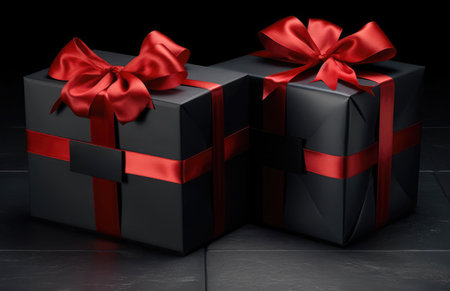 Black gift box with ribbon and bowknotの素材