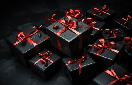 Black gift box with ribbon and bowknotの素材