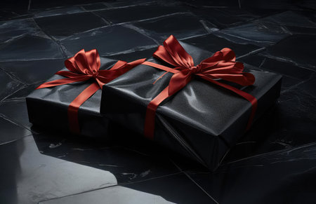 Black gift box with ribbon and bowknotの素材