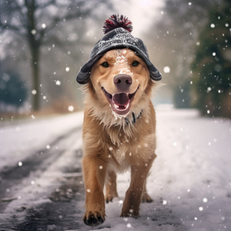 Domestic dog in winter hat outdoors in winterの素材