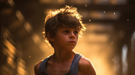 A boy runs at a training session on the streetの素材