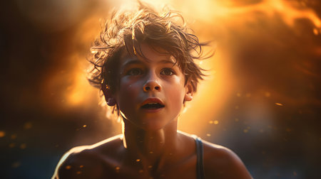 A boy runs at a training session on the streetの素材