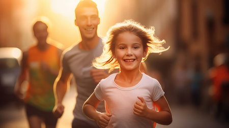 A family run at a training session on the streetの素材