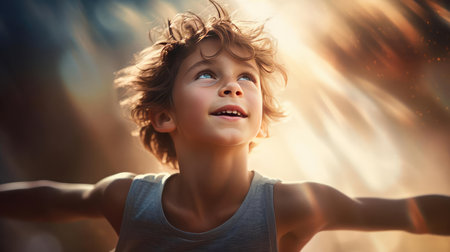 A boy runs at a training session on the streetの素材