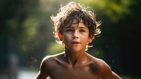 A boy runs at a training session on the streetの素材