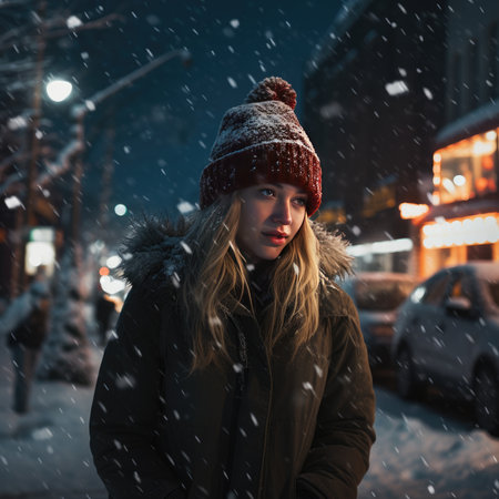 Beautiful young woman outdoors in winterの素材