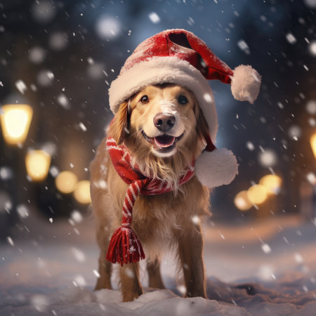 Domestic dog in winter hat outdoors in winterの素材