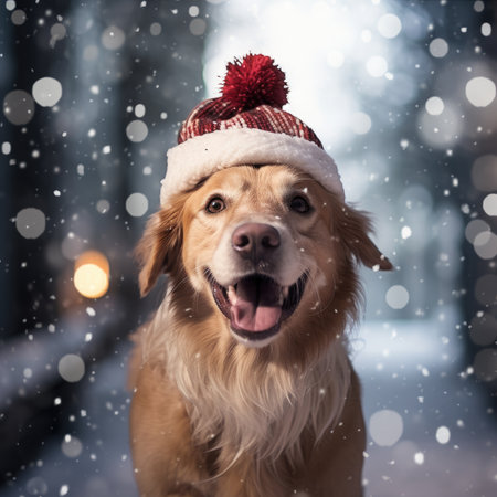 Domestic dog in winter hat outdoors in winterの素材